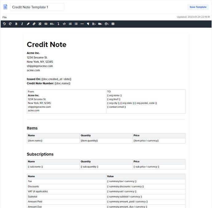 credit note template